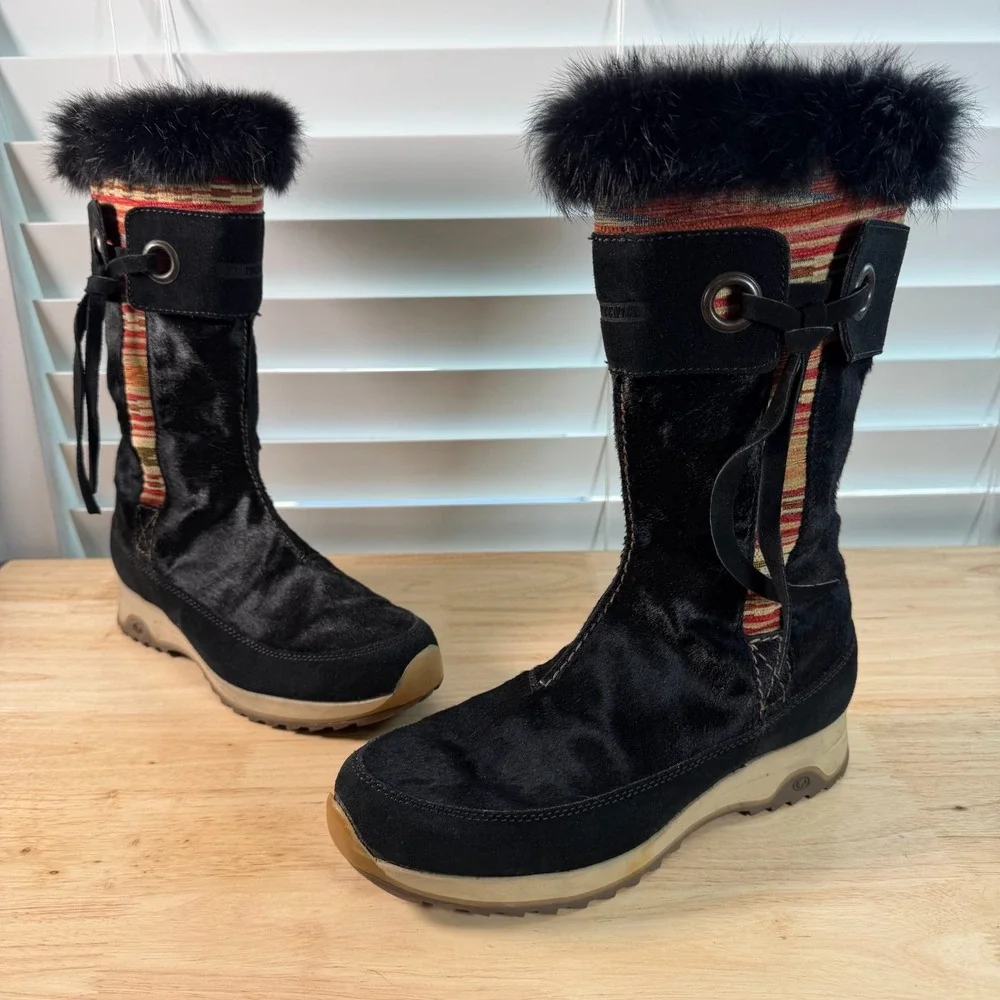 Tecnica Winter Snow Boots Women's Black Fur Trim Striped Side Zip Outdoor - 8.5